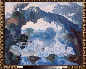 Forberedende dekor for balletten ""Le Lac des Cygnes"" av Piotr Tchaikovsky (1840-1893) (Scenedesign for Balletten Svanesjøen av Tchaikovsky) - Verk av Sergei Sudeykin (Serge Soudeikine) (1882-1946), olje på papp