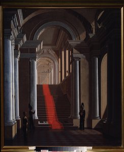 Trappen til Anichkov-palasset i St. Petersburg. Maleri av Sergey (Sergei, Serguei) Konstantinovich Zaryanko (Zarianko) (1818-1870), olje på lerret av Sergey Konstantinovich Zaryanko