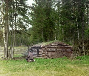 En mann foran en hytte for vedhoggere og kuria (kullbrenning) i skogen, det russiske imperiet, mellom 1905 og 1915