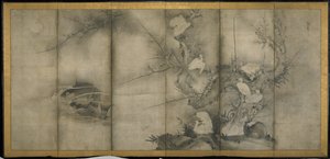 Willow, Egrets in Plomme and Willow, Seks-panels foldeskjerm (blekk på papir) av Sesson Shkei