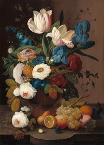 Stilleben, blomster og frukt
