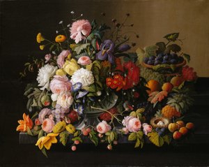Stilleben: Blomster og frukt