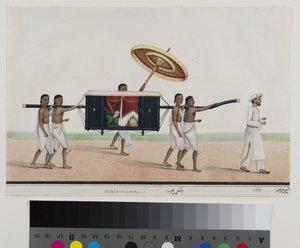 Thomas Holroyd leser i sin palanquin, ca. 1835 (ugjennomsiktig akvarell på papir)