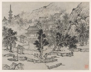Tolv utsikt over Tiger Hill, Suzhou: Fjern utsikt over Tiger Hill fra Canal Mooring, etter 1490.