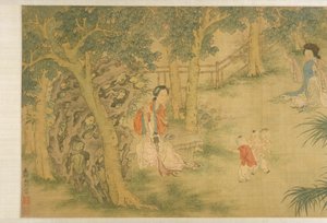 Kvinner og barn i en hage (blekk og farge på silke) av Shi Wang
