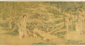 Kvinner og barn i en hage (blekk og farge på silke) av Shi Wang