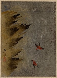 Fugler og stikkende steiner. av Shibata Zeshin
