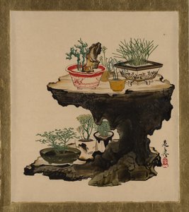 Lakkmalerier av forskjellige emner: Bonsai, 1882. av Shibata Zeshin