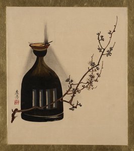 Lakkmalerier av forskjellige emner: Plommegren med oljelampe, 1882. av Shibata Zeshin