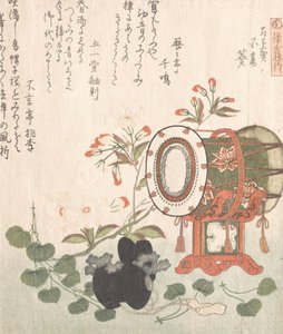 Aoi Plant, Cherry Blossoms, Drum and Eboshi Hat Representerer Aoi Chapter of ..., 1800-tallet.