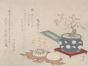 Bonsai plomme, kompass og lommesolur med design av kalender, fra Spring Rain Surimon..., 1806. av Shinsai