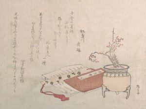 Potted Plomme Tree in Blossom and Books, 1800-tallet., 1800-tallet. av Shinsai