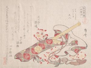 Shakuhachi, en slags bambusfløyte, med omslag og kirsebærblomster, 1800-tallet., 1800-tallet