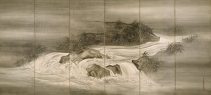 Elvelandskap med ildfluer av Shiokawa Bunrin