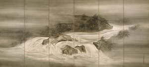 Elvelandskap med ildfluer, 1874 av Shiokawa Bunrin