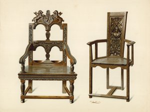Oak Cacqueteuse stol, eiendom til Percy Macquoid; Yew Chair, eiendom til hertugen av Leeds (chromolitho)