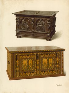 Oak Chest, eiendom til Seymour Lucas; Eik innlagt Nonesuch Chest (chromolitho) av Shirley Charles Llewellyn Slocombe