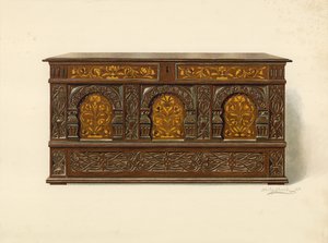Oak Inlaid Chest, eiendom til Arthur James (chromolitho) av Shirley Charles Llewellyn Slocombe