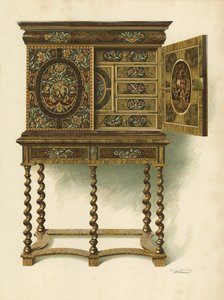 Valnøttskap innlagt med Marqueterie, eiendommen til The Hon Charlotte Maria Lady North og R Eden Dickson (chromolitho) av Shirley Charles Llewellyn Slocombe