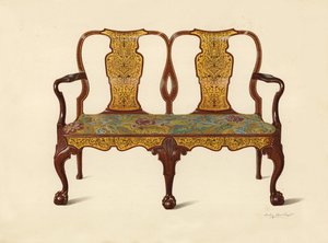 Valnøttsofa innlagt med Marqueterie, eiendom til Percy Macquoid (chromolitho) av Shirley Charles Llewellyn Slocombe
