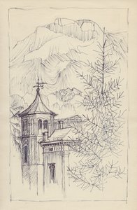 Kirke og fjell, Italia, c1950. av Shirley Markham