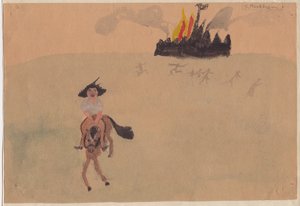 Jente på hest på flukt fra det flammende fortet, c1941. av Shirley Markham