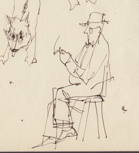 Sittende mann og hund studier, c1950. av Shirley Markham