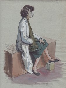 Sittende kvinne i hvit frakk, 1952. av Shirley Markham