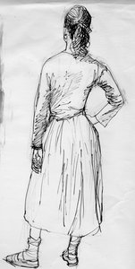 Stående kvinne sett bakfra, c1950.