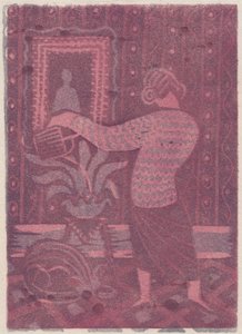 Kvinne som vanner planter, c1951. av Shirley Markham