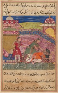 Side fra Tales of a Parrot Tuti-nama: Åttende natt: Den svikefulle kona kaster ut..., 1558-1560. av Shravana