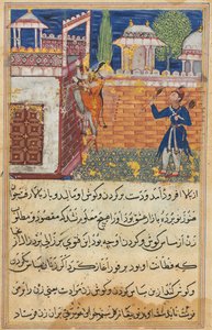 Side fra Tales of a Parrot Tuti-nama: Åttende natt: Den svikefulle kona kommer tilbake..., 1558-1560. av Shravana