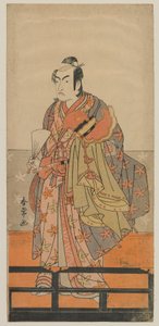 Kabuki-skuespiller Ichikawa Monnosuke II holder en Gagaku-danserhjelm og -kappe, Edo-perioden, ca. 1780-tallet (treblokktrykk i farger) av Shunjo