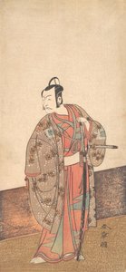 Skuespilleren Ichikawa Danjuro V står inne i et hus og foran en engawa, ca. 1772. av Shunsho