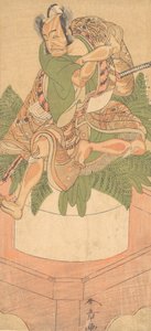 Den fjerde Ichikawa Danjuro som en Yakko-tjener satt på en stor kake av Mochi..., 1772. av Shunsho