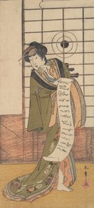 Den andre Yamashito Kinsaku som en kurtisane som står i et rom, ca. 1779. av Shunsho