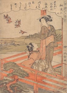 To unge kvinner på en veranda og ser på plovere, ca. 1770. av Shunsho