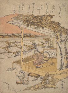 Kvinne på veranda, Spinning..., 1700-tallet. av Shunsho