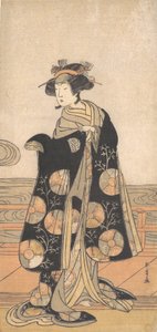 Yoshizawa Iroha som en kvinne som står på Engawa av et hus ved en elv, ca. 1778.