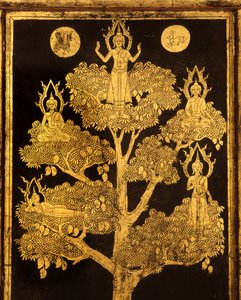 Bakpanel av et manuskriptskap med buddhistiske scener, sannsynligvis sen Ayutthaya-periode (lakkert og forgylt tre)