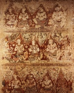 Veggmalerier som viser himmelske guder fra tidlig 1700-talls Ayutthaya-perioden (maling på stein)