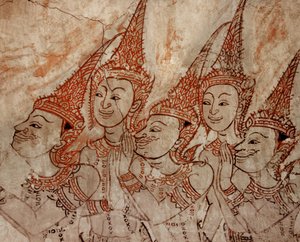 Detalj av veggmaleriene som viser himmelske guddommer fra slutten av Ayutthaya-perioden (maling på stein)