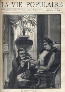 A man on his knees is holding the hand of an elegant woman, sitting in a bourgeois living room, wearing his coat, a sleeve and a fur scarf. Illustration for Le Seducteur par Gyp (Sibylle Gabrielle Marie Antoinette Riquetti de Mirabeau, Countess of Martel d