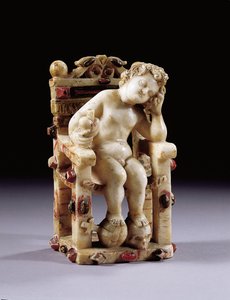 Figur av spedbarnet Kristus-barn sittende på en trone, tidlig på 1600-tallet (forgylt polykrom utskåret alabast)