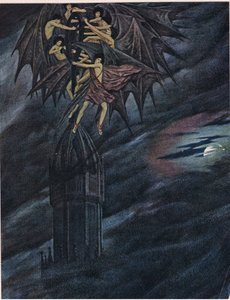 Lucifer og englene hans skynder seg! Skynd deg! O dere ånder, dra det tunge korset av jern fra dens stasjon