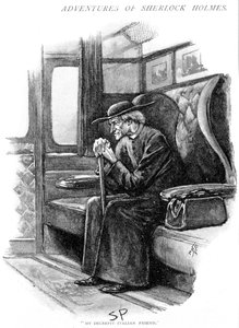 Arthur Conan Doyle The Adventure of the Final Problem Strand Magazine, London, 1893. Illustrert av Sidney E. Paget (1860-1908), den første kunstneren som tegnet Holmes. Holmes, som gammel italiensk prest, venter på at Boat Train skal trekke seg ut av Victo av Sidney Paget