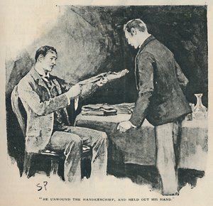 Han viklet opp lommetørkleet og rakte ut hånden, 1892 av Sidney Paget