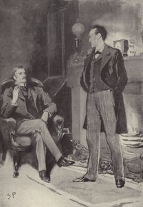 Så sto han ved bålet: scene fra Sherlock Holmes-mysteriet A Scandal in Bohemia, av Arthur Conan Doyle (litho)