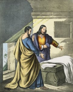 Peter og Johannes ved graven, fra en bibel trykt av Edward Gover, 1870-tallet av Siegfried Detler Bendixen
