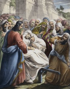 Sønnen til The Widow Of Nain vekket til live (farget gravering) av Siegfried Detler Bendixen